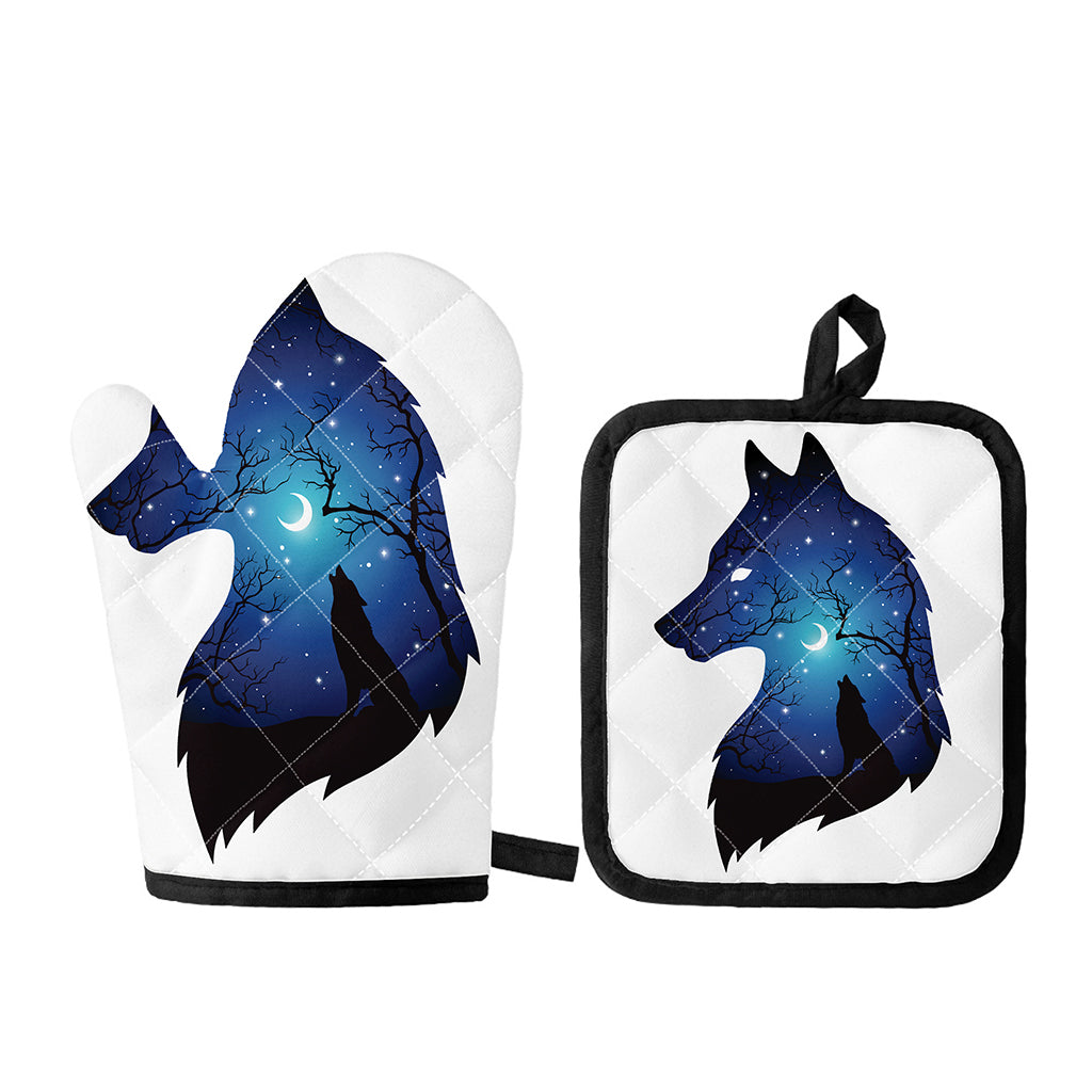 Night Forest Wolf Spirit Print Oven Mitt And Pot Holder Set