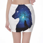 Night Forest Wolf Spirit Print Pencil Mini Skirt