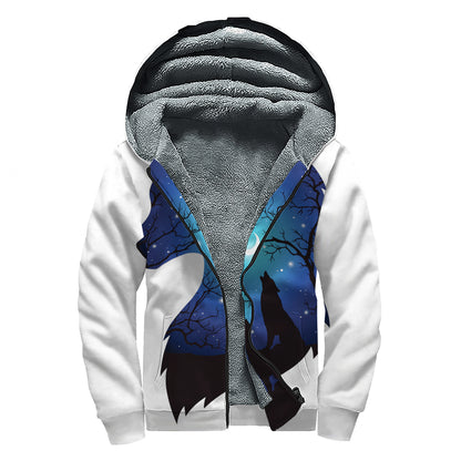 Night Forest Wolf Spirit Print Sherpa Lined Zip Up Hoodie
