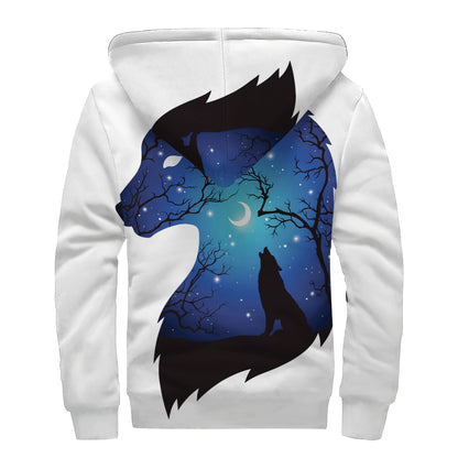 Night Forest Wolf Spirit Print Sherpa Lined Zip Up Hoodie