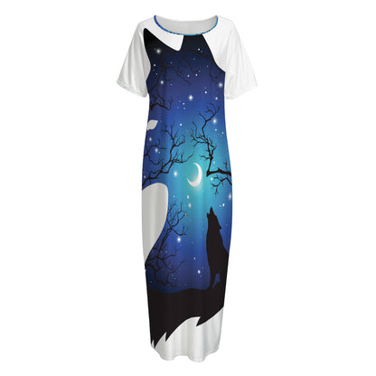 Night Forest Wolf Spirit Print Short Sleeve Long Nightdress
