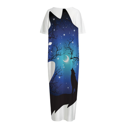 Night Forest Wolf Spirit Print Short Sleeve Long Nightdress