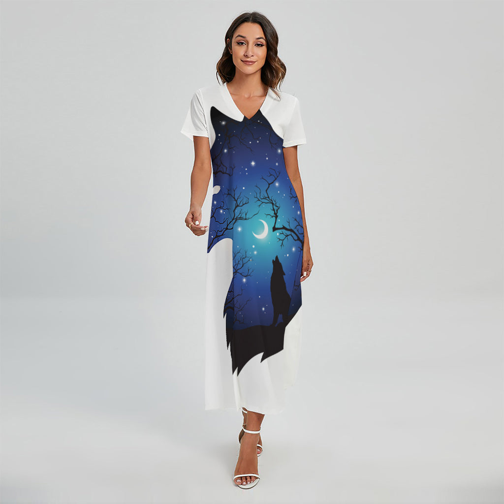 Night Forest Wolf Spirit Print Short Sleeve Maxi Dress