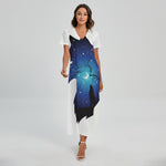 Night Forest Wolf Spirit Print Short Sleeve Maxi Dress