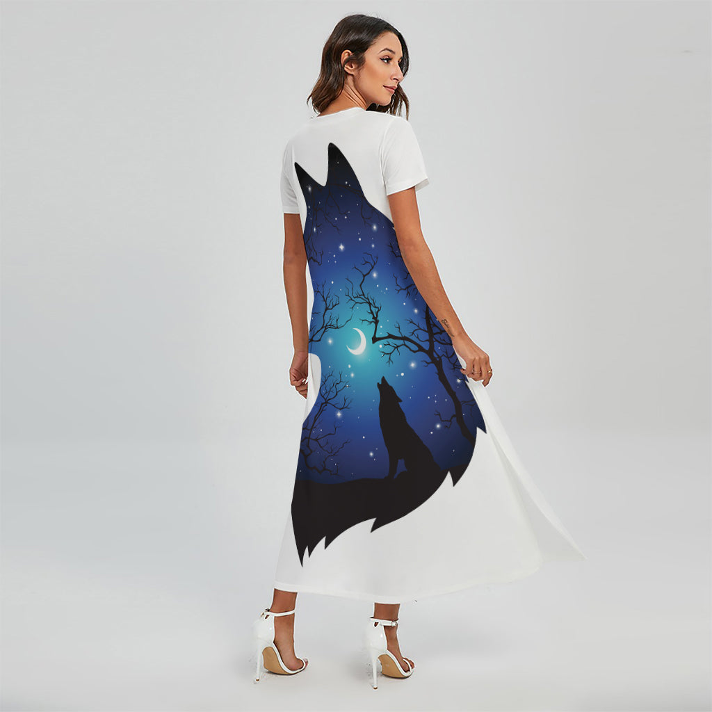Night Forest Wolf Spirit Print Short Sleeve Maxi Dress