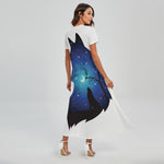 Night Forest Wolf Spirit Print Short Sleeve Maxi Dress