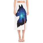 Night Forest Wolf Spirit Print Side Slit Midi Skirt