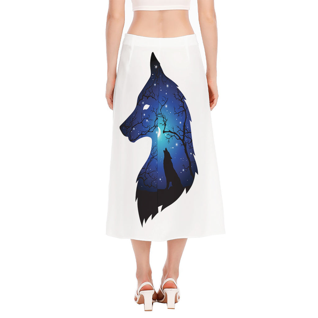 Night Forest Wolf Spirit Print Side Slit Midi Skirt