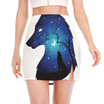Night Forest Wolf Spirit Print Side Slit Mini Skirt