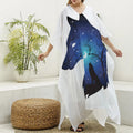 Night Forest Wolf Spirit Print Silk V-Neck Kaftan Dress