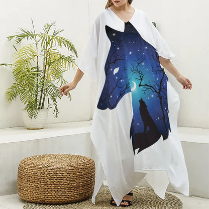 Night Forest Wolf Spirit Print Silk V-Neck Kaftan Dress