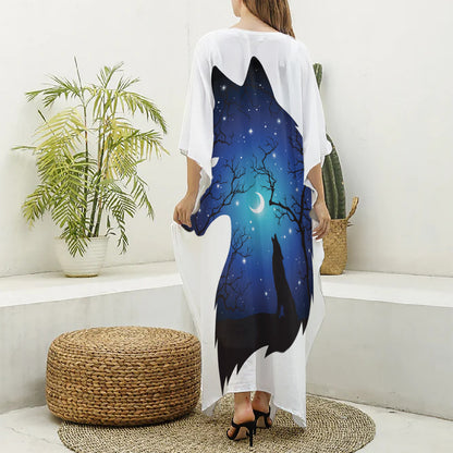 Night Forest Wolf Spirit Print Silk V-Neck Kaftan Dress