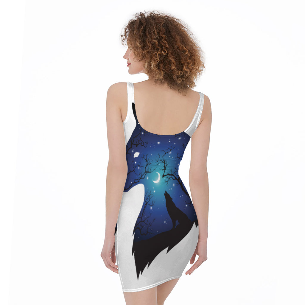 Night Forest Wolf Spirit Print Sleeveless Bodycon Dress