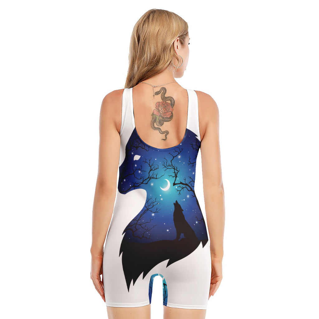 Night Forest Wolf Spirit Print Sleeveless One Piece Swimsuit