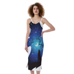 Night Forest Wolf Spirit Print Slim Fit Midi Cami Dress