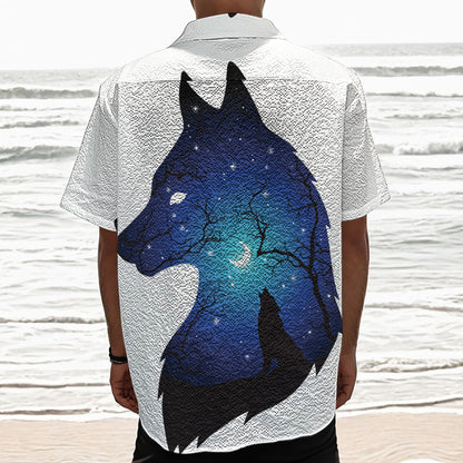 Night Forest Wolf Spirit Print Textured Short Sleeve Shirt