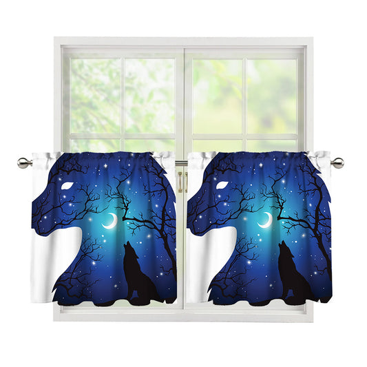 Night Forest Wolf Spirit Print Tier Curtains