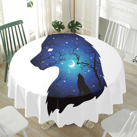 Night Forest Wolf Spirit Print Waterproof Round Tablecloth