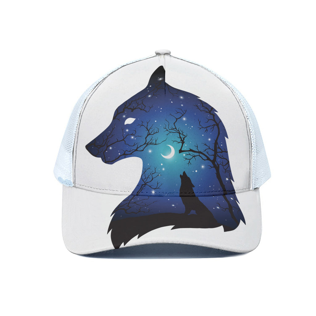 Night Forest Wolf Spirit Print White Mesh Trucker Cap
