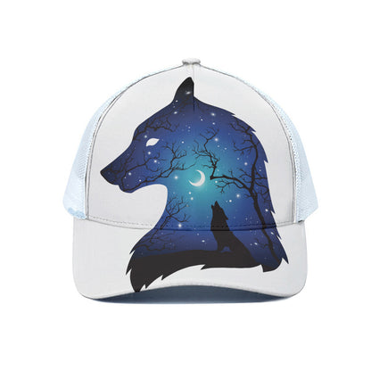 Night Forest Wolf Spirit Print White Mesh Trucker Cap