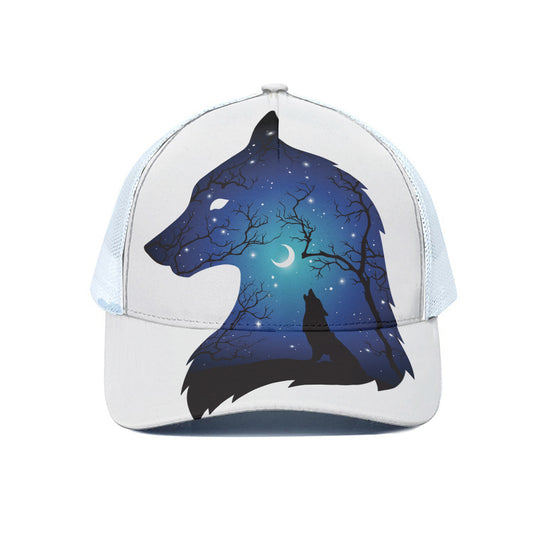 Night Forest Wolf Spirit Print White Mesh Trucker Cap