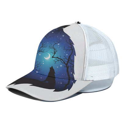 Night Forest Wolf Spirit Print White Mesh Trucker Cap
