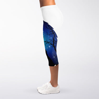 Night Forest Wolf Spirit Print Women's Capri Leggings
