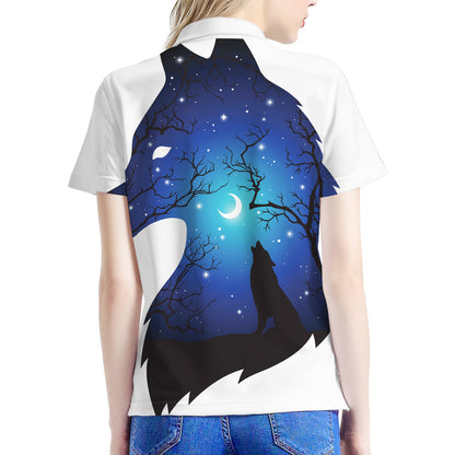 Night Forest Wolf Spirit Print Women's Polo Shirt