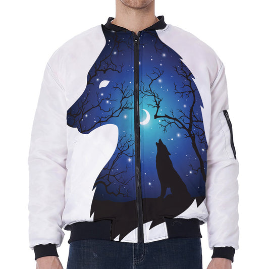 Night Forest Wolf Spirit Print Zip Sleeve Bomber Jacket