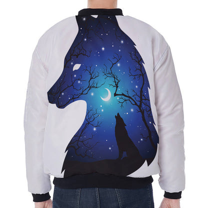 Night Forest Wolf Spirit Print Zip Sleeve Bomber Jacket