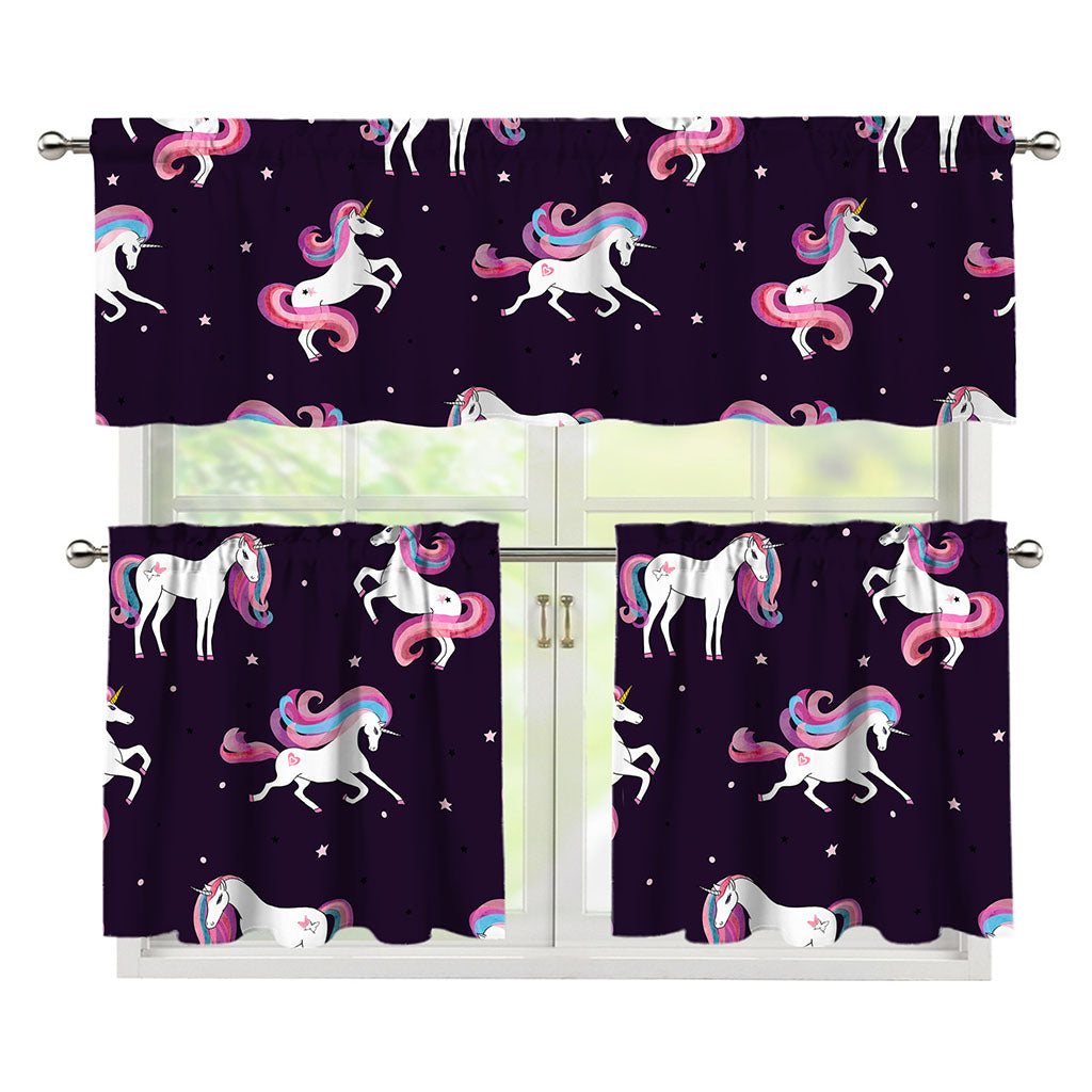 Night Girly Unicorn Pattern Print 3 Piece Kitchen Curtains