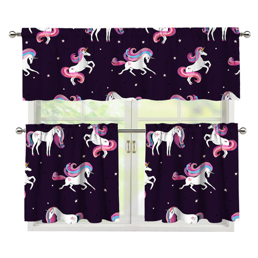 Night Girly Unicorn Pattern Print 3 Piece Kitchen Curtains