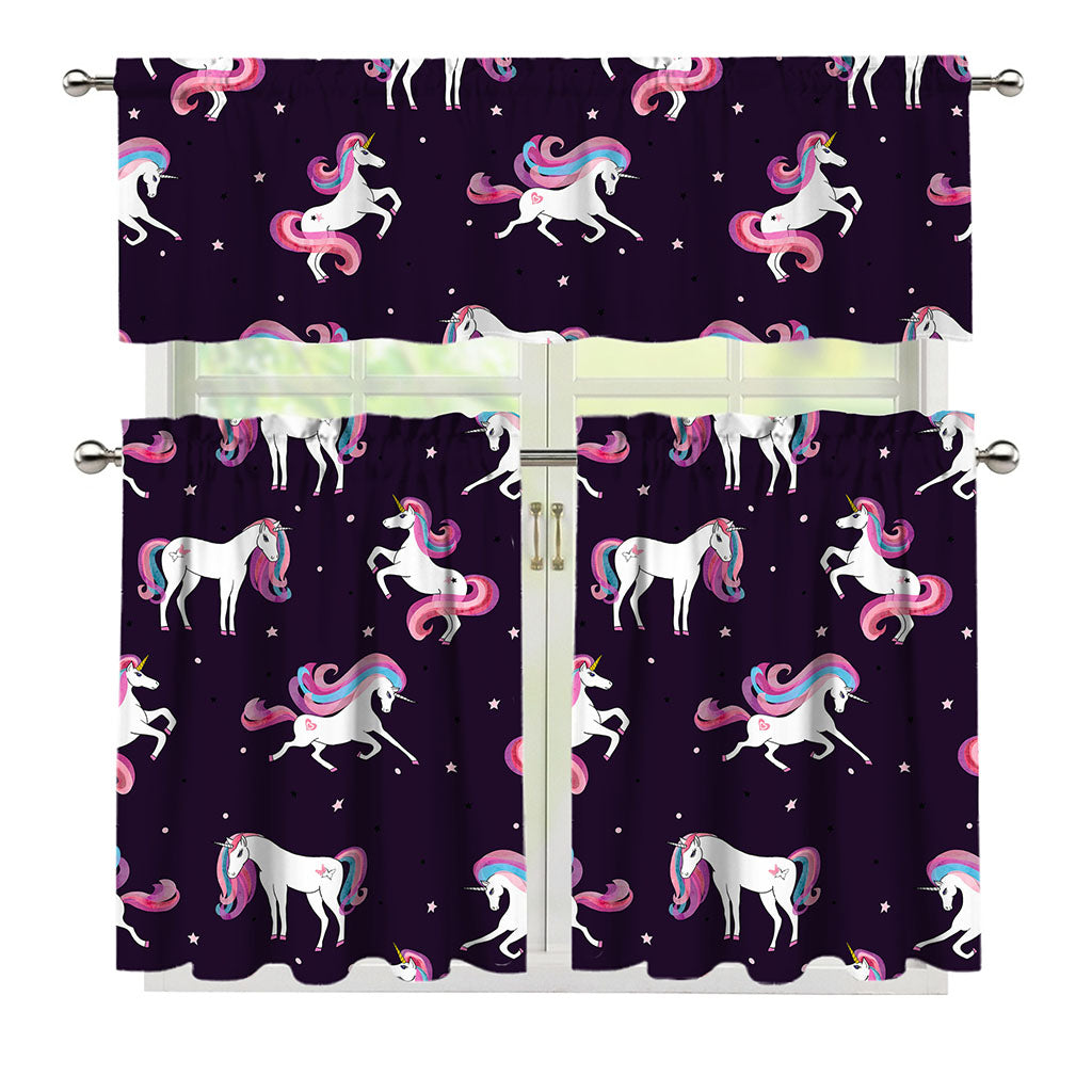 Night Girly Unicorn Pattern Print 3 Piece Kitchen Curtains
