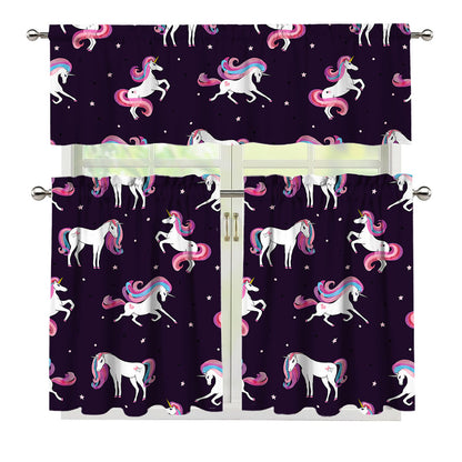 Night Girly Unicorn Pattern Print 3 Piece Kitchen Curtains