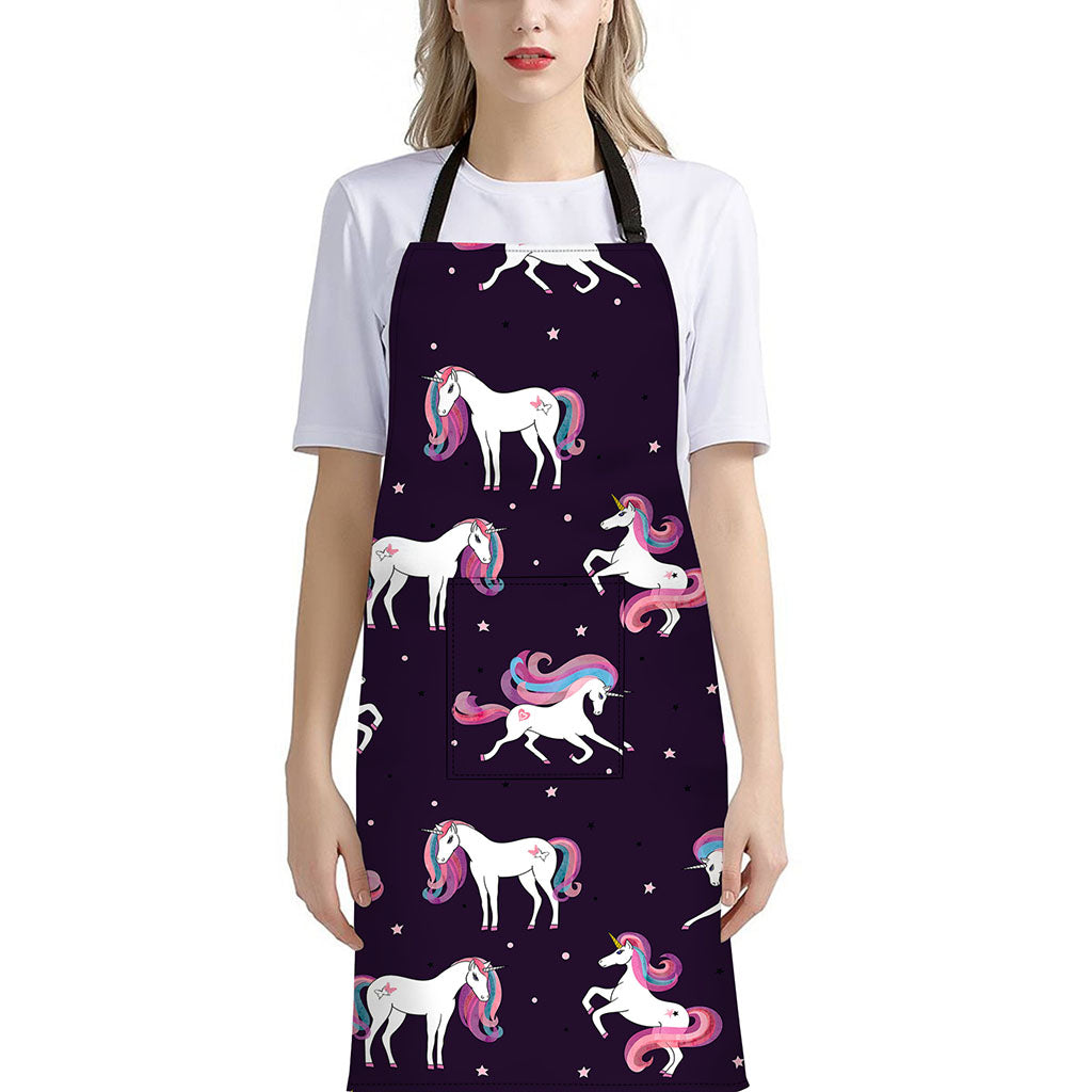 Night Girly Unicorn Pattern Print Bib Apron With Pocket