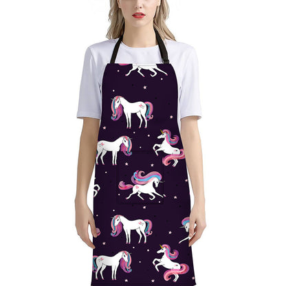 Night Girly Unicorn Pattern Print Bib Apron With Pocket