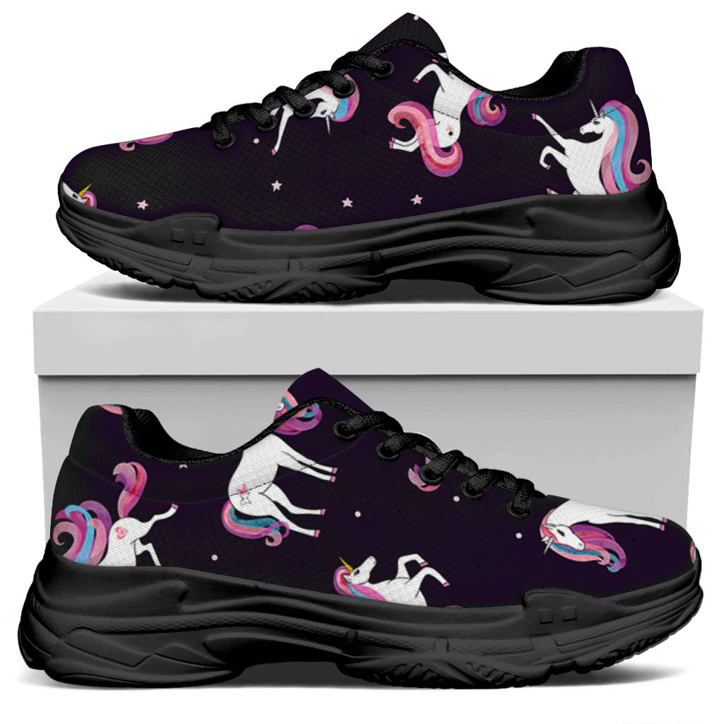 Night Girly Unicorn Pattern Print Black Chunky Shoes
