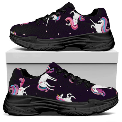 Night Girly Unicorn Pattern Print Black Chunky Shoes