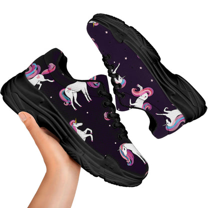 Night Girly Unicorn Pattern Print Black Chunky Shoes