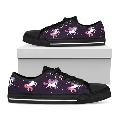 Night Girly Unicorn Pattern Print Black Low Top Sneakers