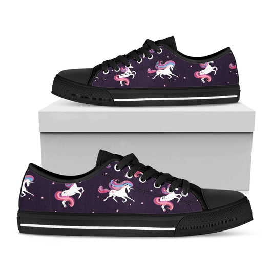 Night Girly Unicorn Pattern Print Black Low Top Sneakers