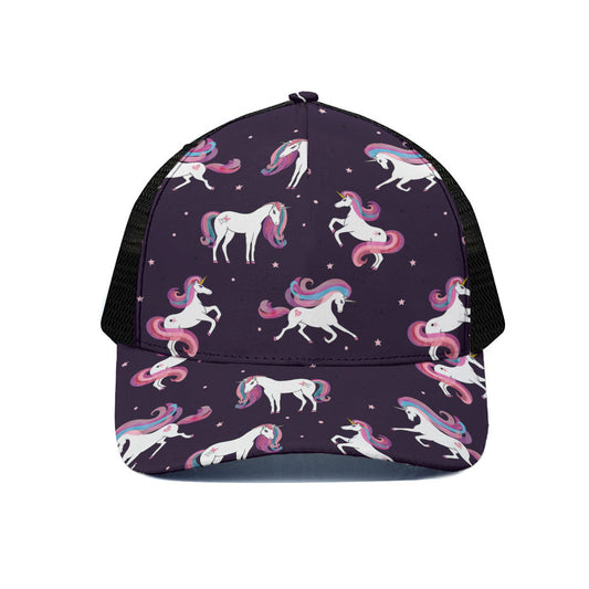 Night Girly Unicorn Pattern Print Black Mesh Trucker Cap