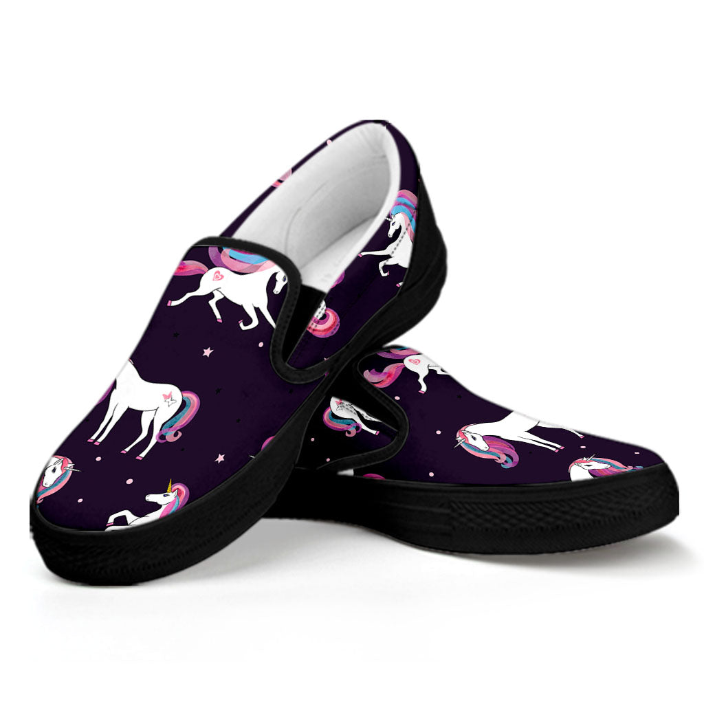Night Girly Unicorn Pattern Print Black Slip On Sneakers