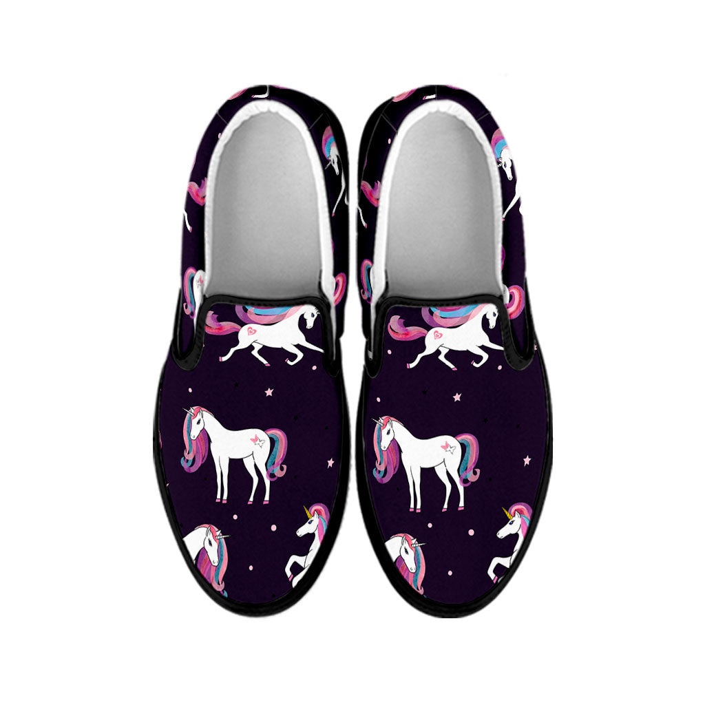 Night Girly Unicorn Pattern Print Black Slip On Sneakers
