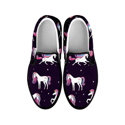 Night Girly Unicorn Pattern Print Black Slip On Sneakers