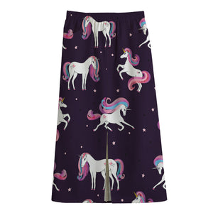 Night Girly Unicorn Pattern Print Cotton Front Slit Maxi Skirt