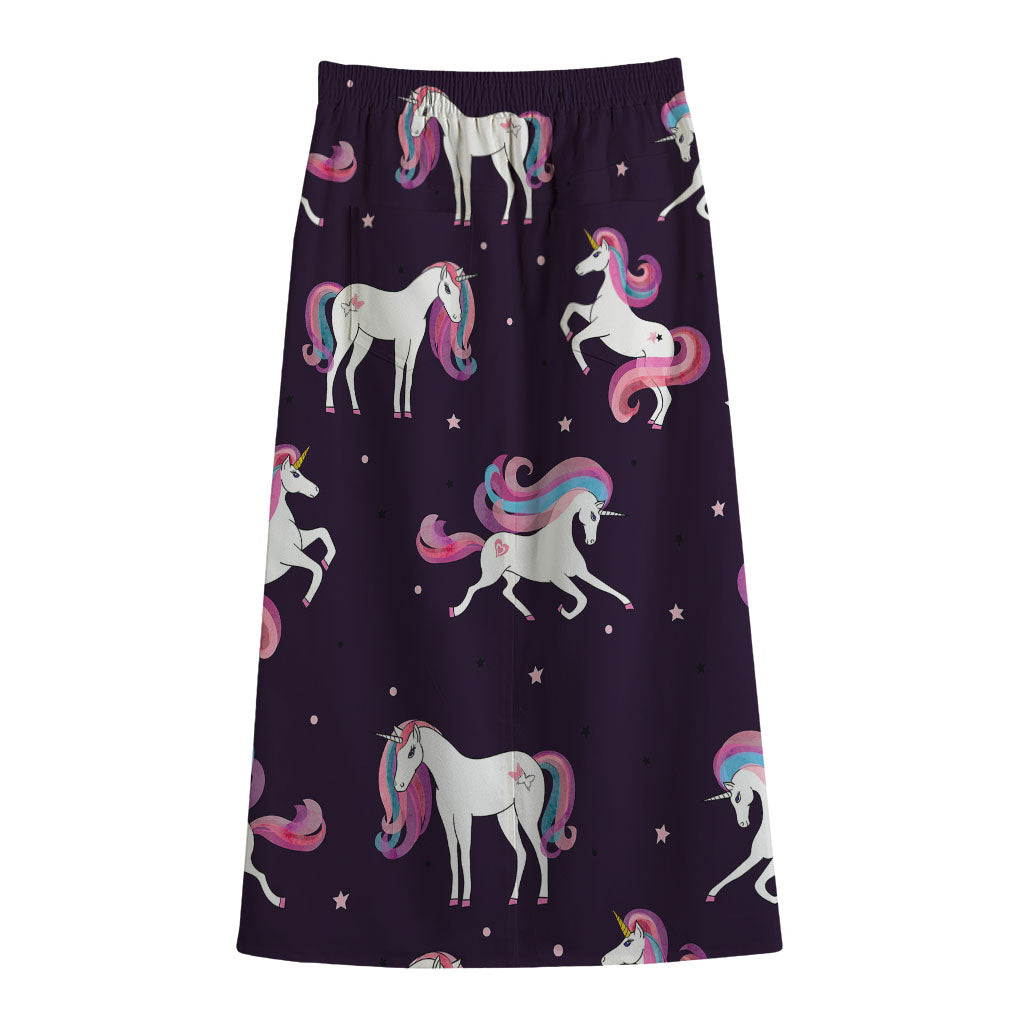 Night Girly Unicorn Pattern Print Cotton Front Slit Maxi Skirt