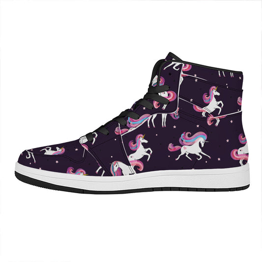 Night Girly Unicorn Pattern Print High Top Leather Sneakers