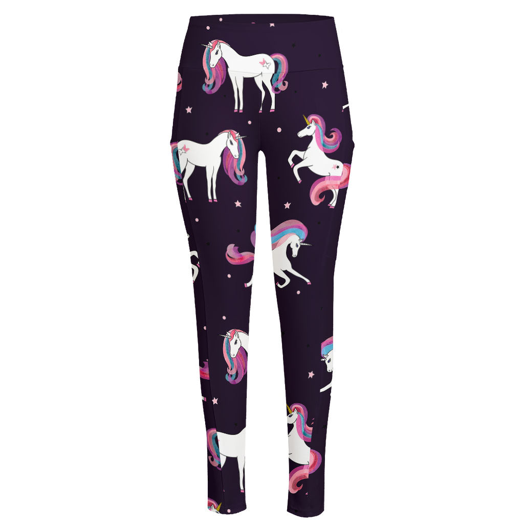 Night Girly Unicorn Pattern Print High-Waisted Pocket Leggings