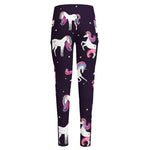 Night Girly Unicorn Pattern Print High-Waisted Pocket Leggings